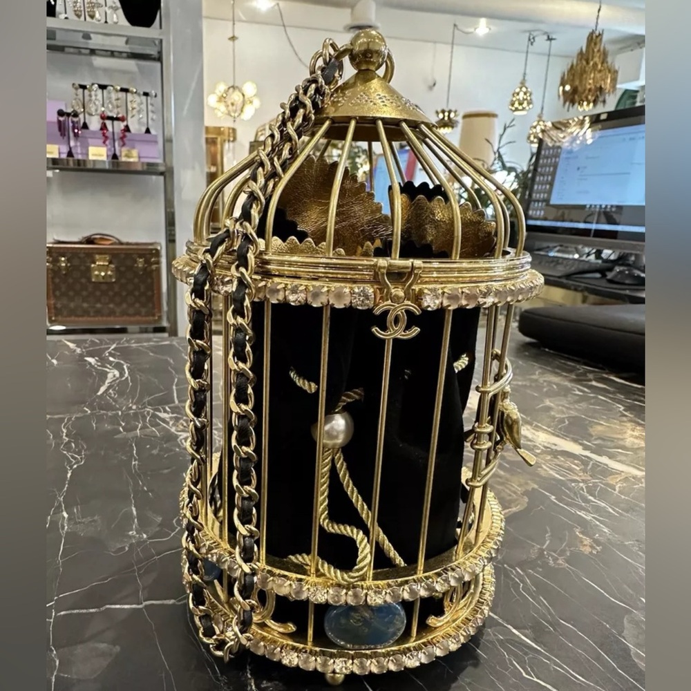 This is a Chanel Runway Gold Crystal Birdcage Minaudière